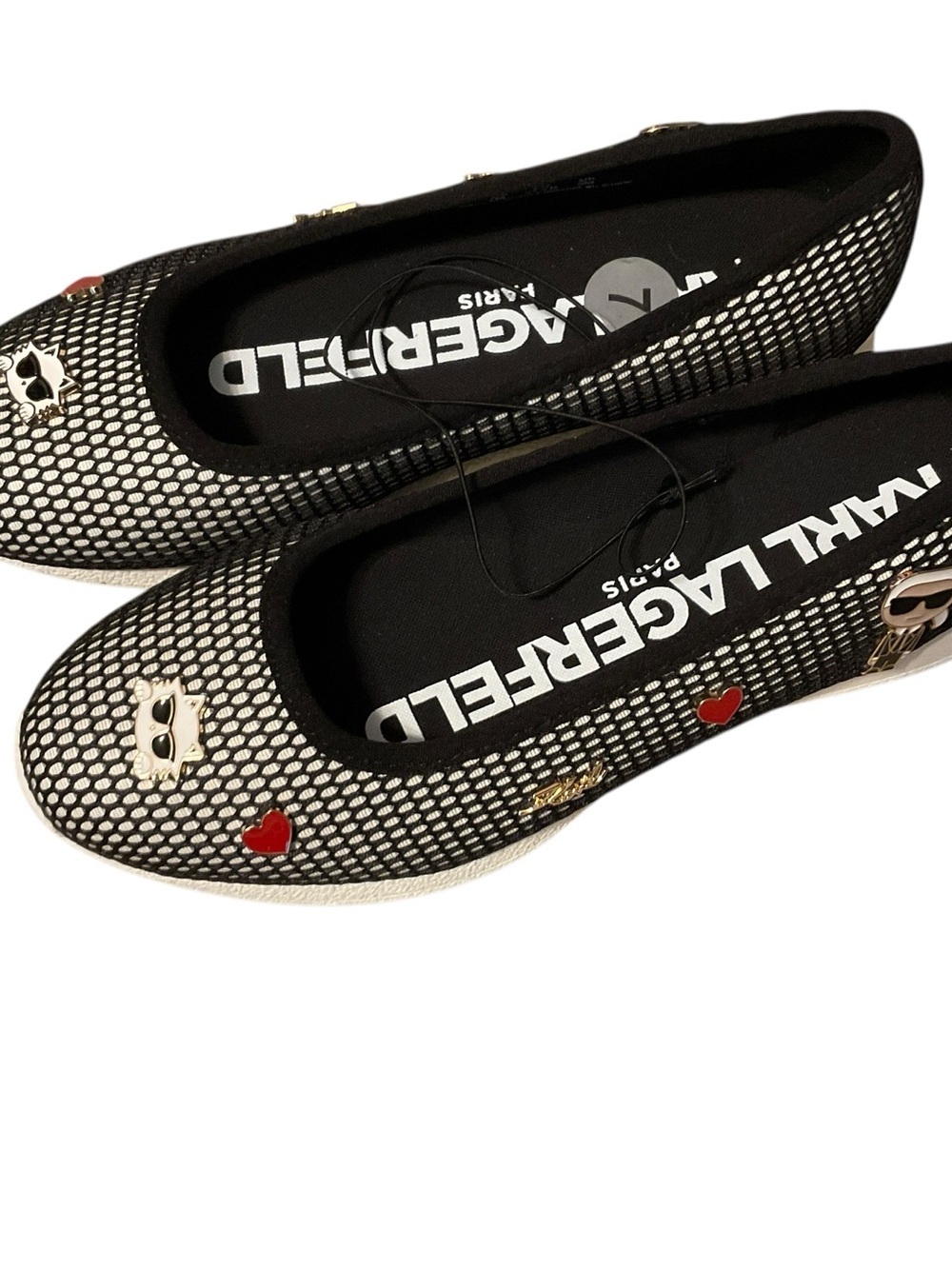 Karl Lagerfeld Black Mesh Slip-On Flats with Red Heart and Gold Accents - Picture 5 of 6
